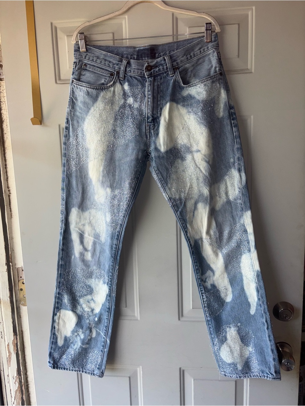 J. Crew customized acid wash silver glitter slim straight jeans 33 Waist